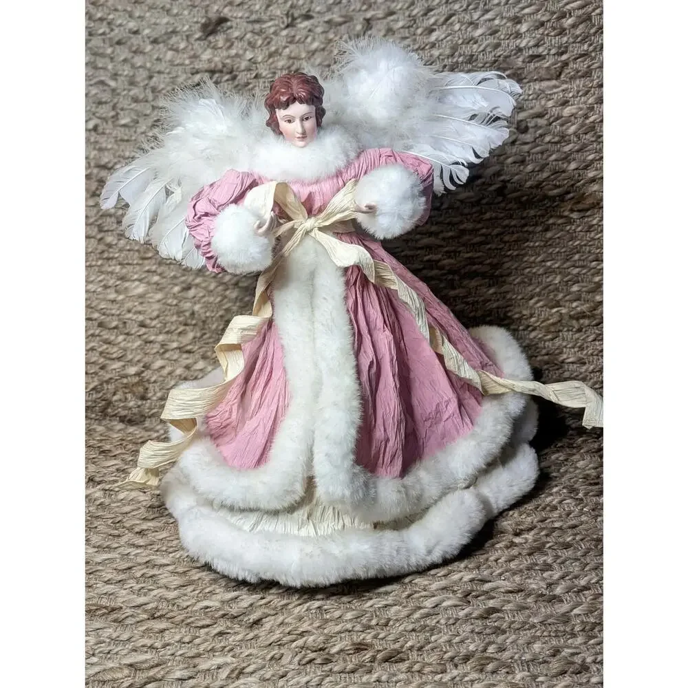 Christmas Pink Shabby Chic Faux Fur Feathers Victorian Angel Tree Topper 16